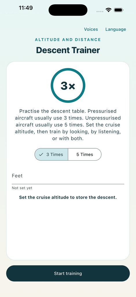 Descent Trainer on an iPhone, set to 3 Times, asking for the cruise altitude