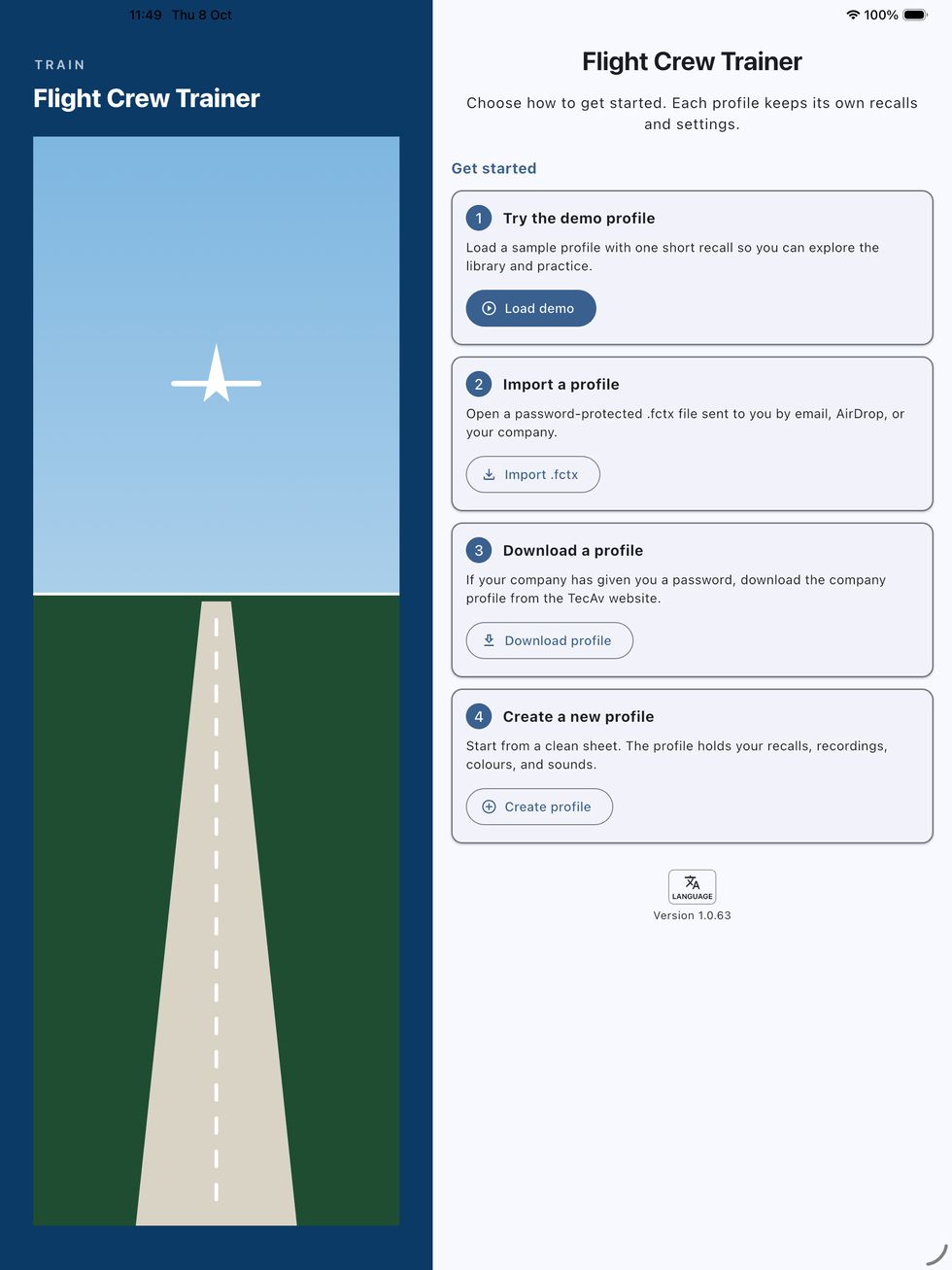 Flight Crew Trainer on an iPad. A runway sits beside the choices to load a demo, import, download, or create a profile.