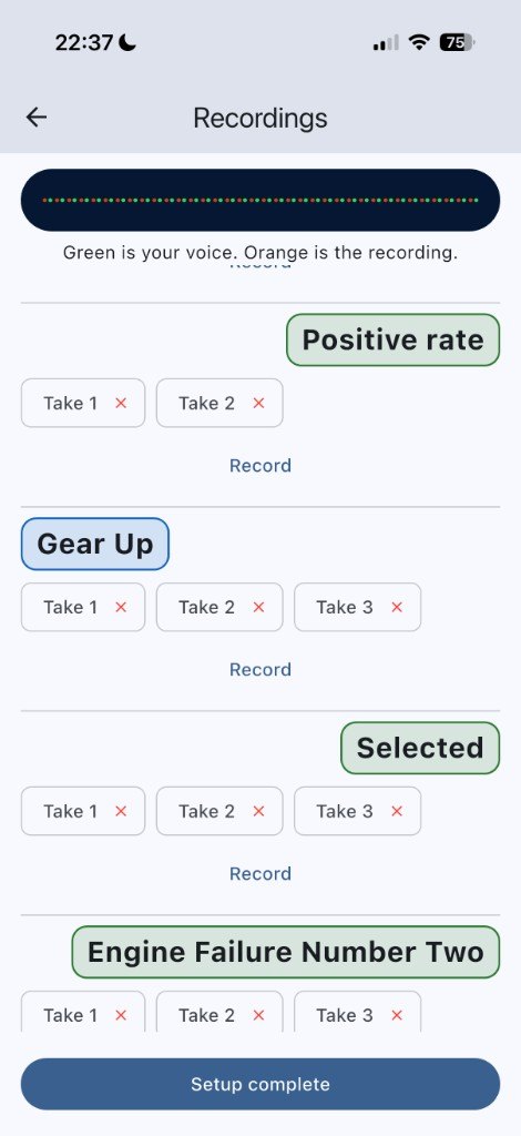 Recordings screen with several takes for Positive rate, Gear Up, Selected, and Engine Failure Number Two