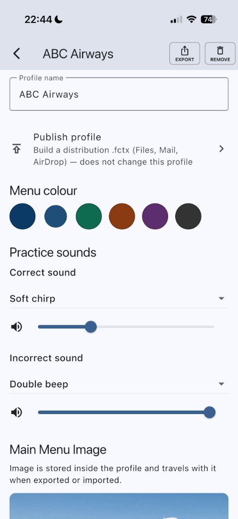 Settings for ABC Airways, with the profile name, publish, menu colour, and practice sounds