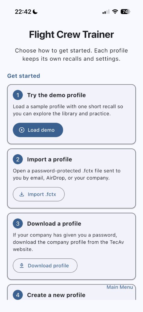 Get started screen with Load demo, Import .fctx, Download profile, and Create a new profile